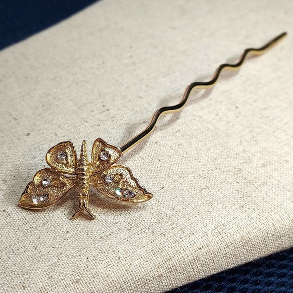 Rhinestone butterfly Gold hair pin 6" long - Picture 1 of 6
